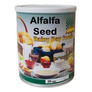 Rainy day food made from alfalfa seed, available in a 20 oz #2.5 can with 189 servings, shipping in 1-2 weeks.