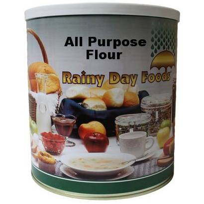 A 64 oz tin of Rainy Day Foods Non-GMO All Purpose Flour on a white background.