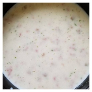 A soup with ham and cheese, made from Rainy Day Foods bacon potato chowder.