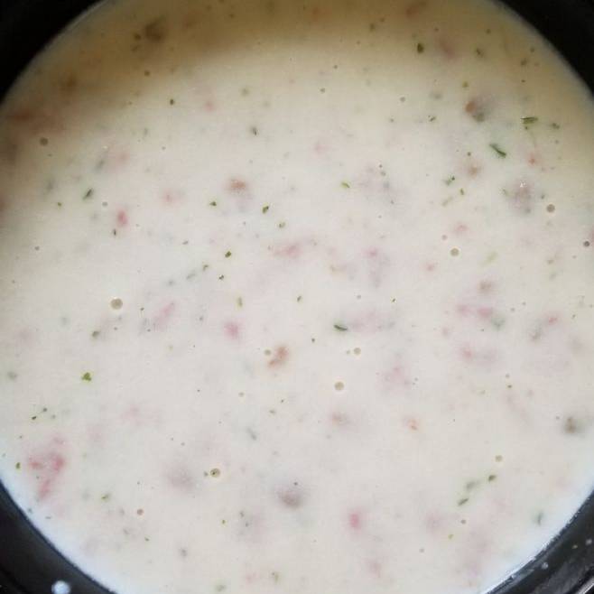 A soup with ham and cheese, made from Rainy Day Foods bacon potato chowder.