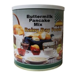 A tin of Rainy Day Foods Buttermilk Pancake Mix on a white background.