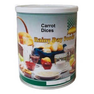 A 11 oz #2.5 can of Rainy Day Foods Non-GMO Dehydrated Carrot Dices on a white background.