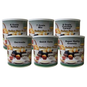 Five tins of Rainy Day Foods cereal variety pack.