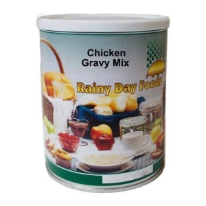 A #2.5 can of Rainy Day Foods chicken gravy mix on a white background.