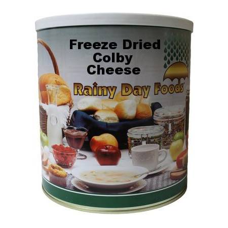 A tin of freeze-dried Colby cheese on a white background.