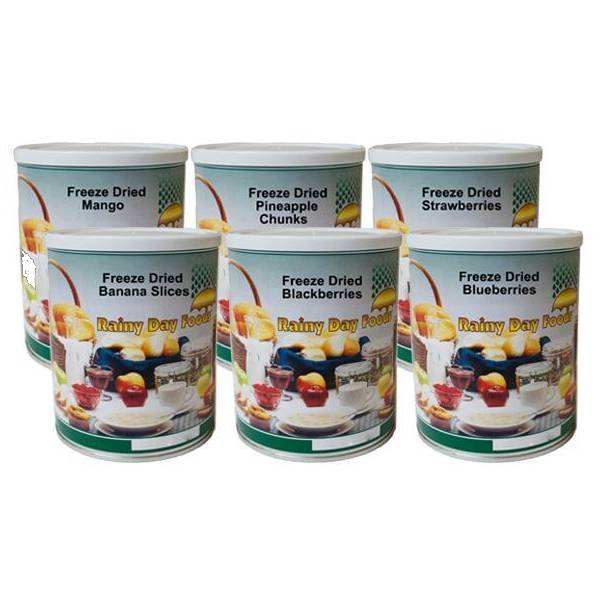 Five cans of dessert mix on a white background.