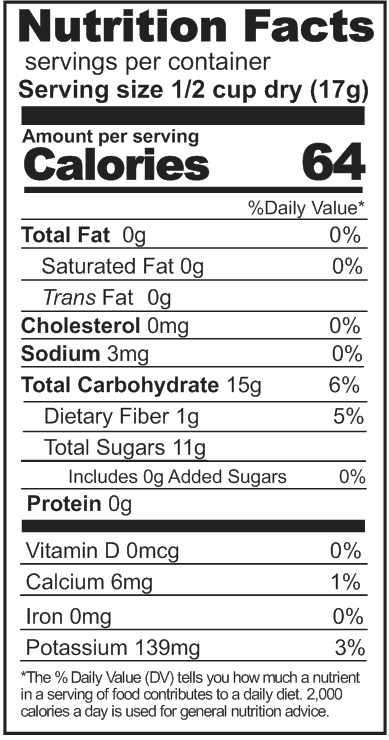 A nutrition label for Rainy Day Foods Gluten-Free Freeze-Dried Mango.