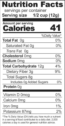 Rainy Day Foods nutrition label for Gluten-Free Freeze-Dried Apple Dices displaying 144 servings in a case of six #10 cans.