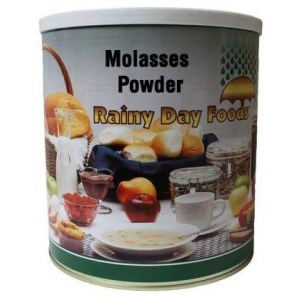 A tin of Rainy Day Foods Molasses Powder on a white background.