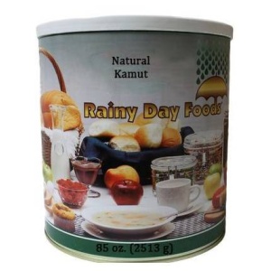 A tin of natural rainy day food made with Non-GMO Kamut.
