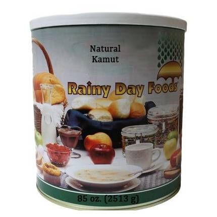A tin of natural rainy day food made with Non-GMO Kamut.