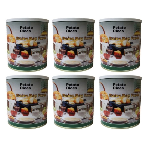 Six tins of Rainy Day Foods potato dices on a white background.