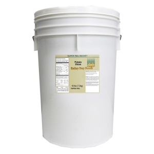 A labeled white bucket.