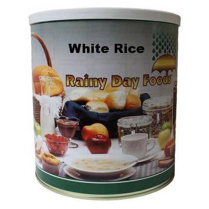 White rice in a tin, gluten-free and long-lasting, perfect for rainy days.