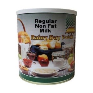 A case of six #10 cans of Rainy Day Foods Dehydrated Regular Milk (Non-Fat) with 474 servings, shipped in 1-2 weeks.