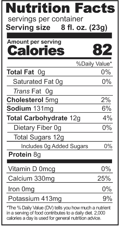 A nutrition label displaying the nutrition facts of Rainy Day Foods Dehydrated Regular Milk.
