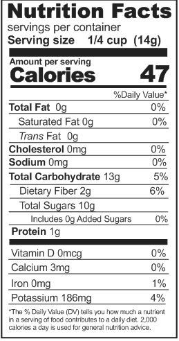 A nutrition label displaying the nutrition facts of Rainy Day Foods Gluten-Free Non-GMO Freeze-Dried Sliced Bananas.