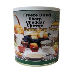 Freeze-dried cheddar cheese tin on white background.