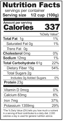 A nutrition label showing the nutrition facts of Rainy Day Foods Gluten-Free Small Red Beans.