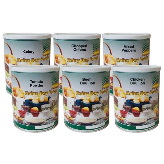 Six cans of Rainy Day Foods Soup Starter Pack are shown on a white background.