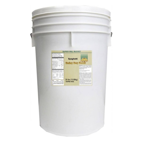 A white bucket with a label for Rainy Day Foods Spaghetti 5 Gallon Super Pail.