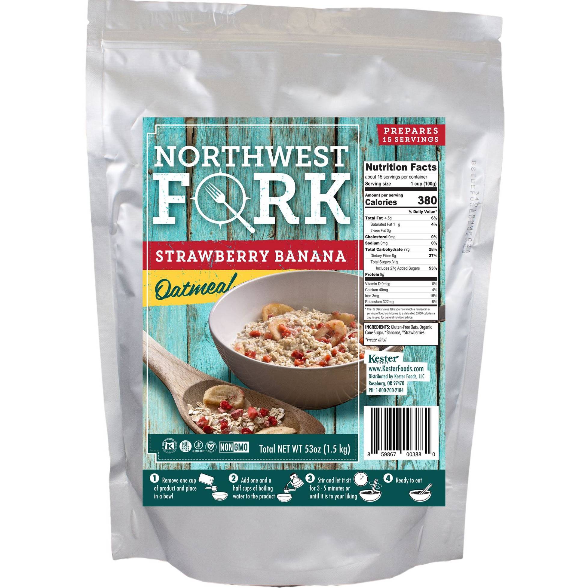 A bag of NorthWest Strawberry Banana Oatmeal - Non-GMO, Gluten-Free, Kosher, and Vegan - 15 Servings - (SHIPS IN 1-3 WEEKS).