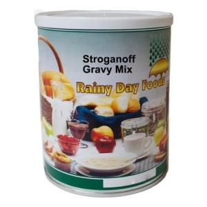 A tin of Rainy Day Foods Stroganoff Gravy Mix on a white background.