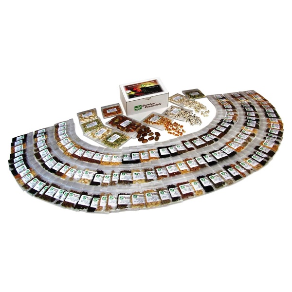 A variety of different types of *Survival Essentials Seeds Premium Heirloom Seeds Box - 135 Varieties - Over 23,000 Seeds - (SHIPS IN 1-2 WEEKS) on a table.