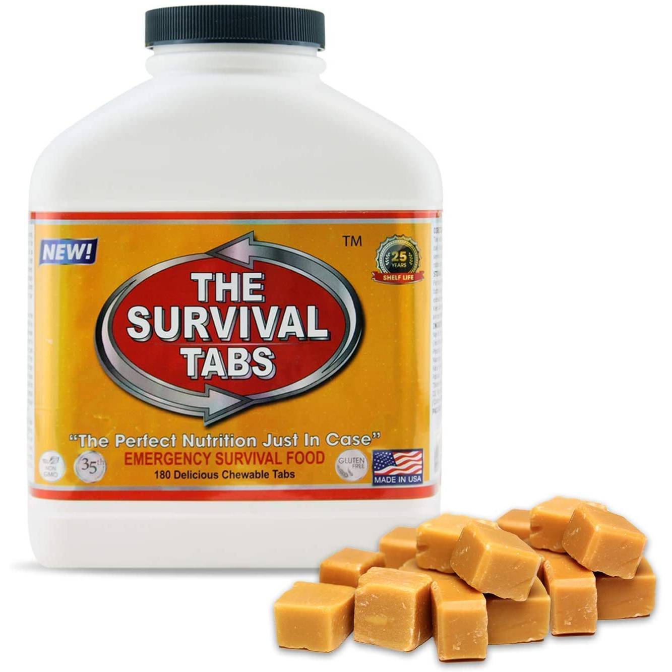 A bottle of the Survival Tabs - Butterscotch Tub - 180 Tablets - (SHIPS IN 1-2 WEEKS) next to a piece of caramel.