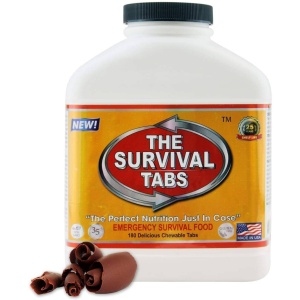 The Survival Tabs - Chocolate Tub - 180 Food Tablets - (SHIPS IN 1-2 WEEKS) on a white background.