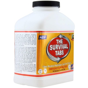 A jar of the Survival Tabs - Chocolate Tub - 180 Food Tablets - (SHIPS IN 1-2 WEEKS) on a white background.