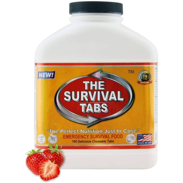 The Survival Tabs - Strawberry Tub - 180 Food Tablets - (SHIPS IN 1-2 WEEKS) with strawberries.