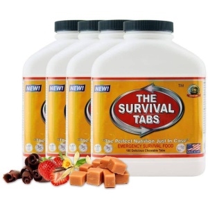 Four bottles of the Survival Tabs - Mixed Flavor Variety Pack - 720 Food Tablets - (SHIPS IN 1-2 WEEKS) on a white background.
