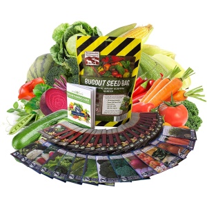 A variety of vegetables and a Sustainable Seed Company Bugout Seed Bag - 34 Varieties - Over 22,000 Seeds - (SHIPS WITHIN 1-2 WEEKS).