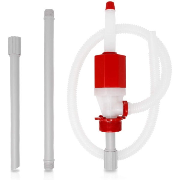 A red and white Tera Pump 55 Gallon BPA-Free Compact Manual Drum Pump with Adjustable Length - (SHIPS IN 1-2 WEEKS) and a red and white hose.
