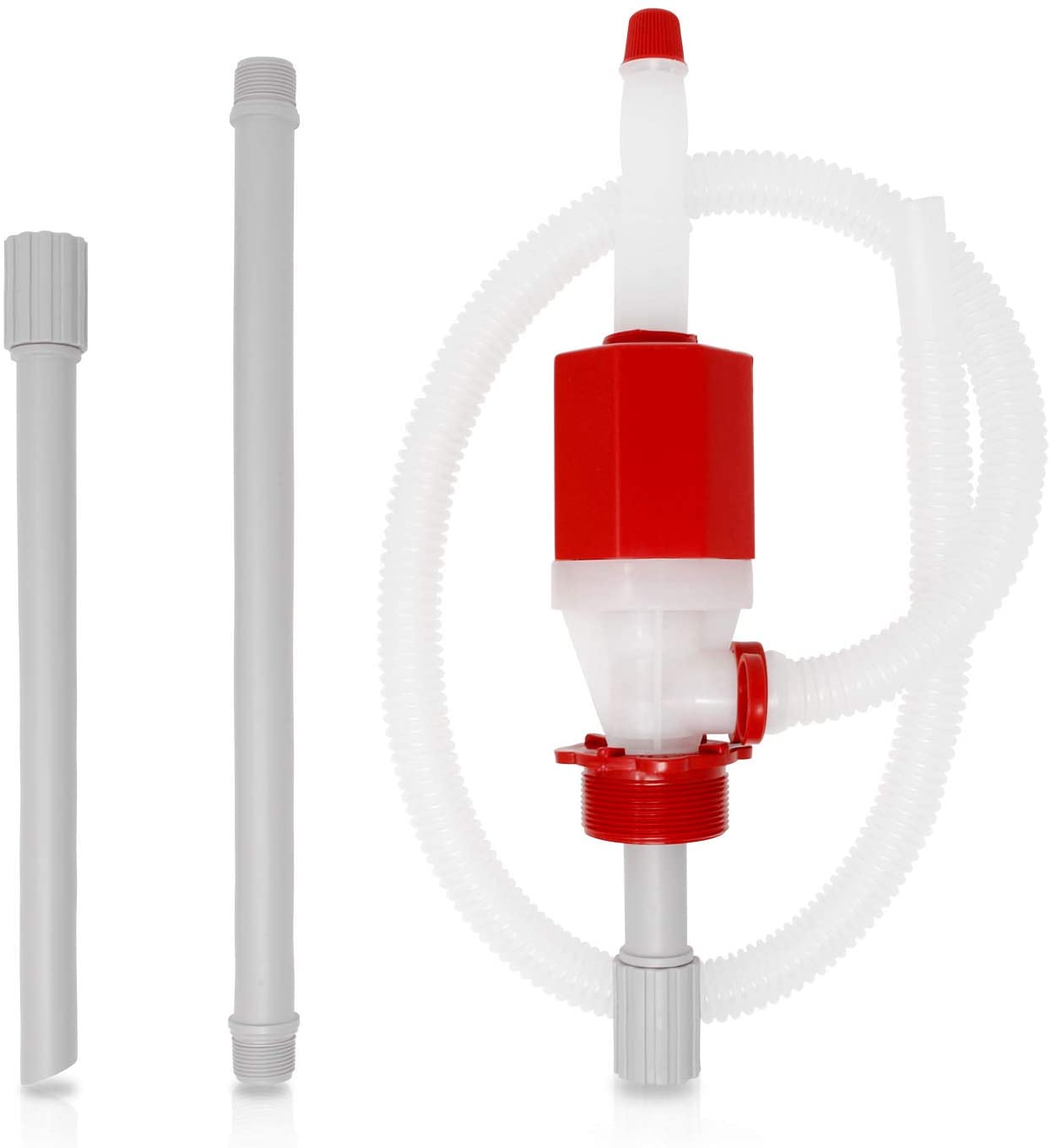 A red and white Tera Pump 55 Gallon BPA-Free Compact Manual Drum Pump with Adjustable Length - (SHIPS IN 1-2 WEEKS) and a red and white hose.