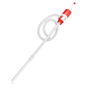 A red and white Tera Pump 55 Gallon BPA-Free Compact Manual Drum Pump with Adjustable Length - (SHIPS IN 1-2 WEEKS) with a hose attached to it.