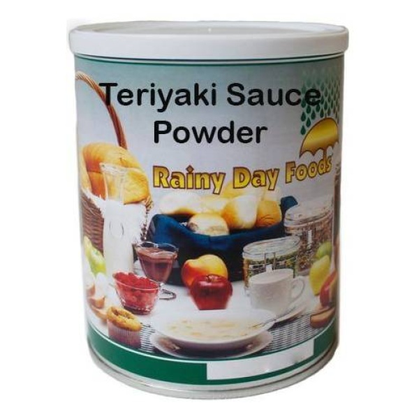 A tin of Rainy Day Foods Teriyaki Sauce Mix powder with 9 servings, in a #2.5 can, shipping in 1-2 weeks.