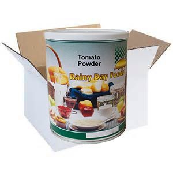 A tin of tomato powder for emergency food storage in a box.