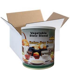 A tin of emergency vegetable stew blend for food storage.