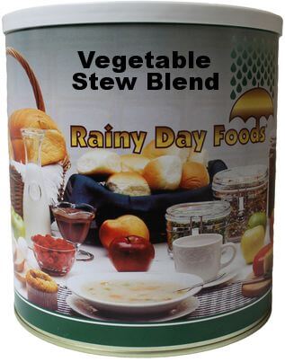 A tin of **emergency food storage** vegetable stew blend on a white background.