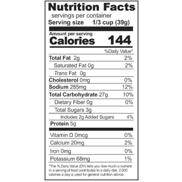 A nutrition label displaying the nutrition facts of Rainy Day Foods White Bread and Roll Mix, 291 servings.