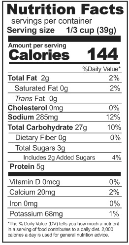 A nutrition label displaying the nutrition facts of Rainy Day Foods White Bread and Roll Mix, 291 servings.
