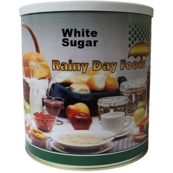 A tin of white sugar for emergency food storage on a rainy day.