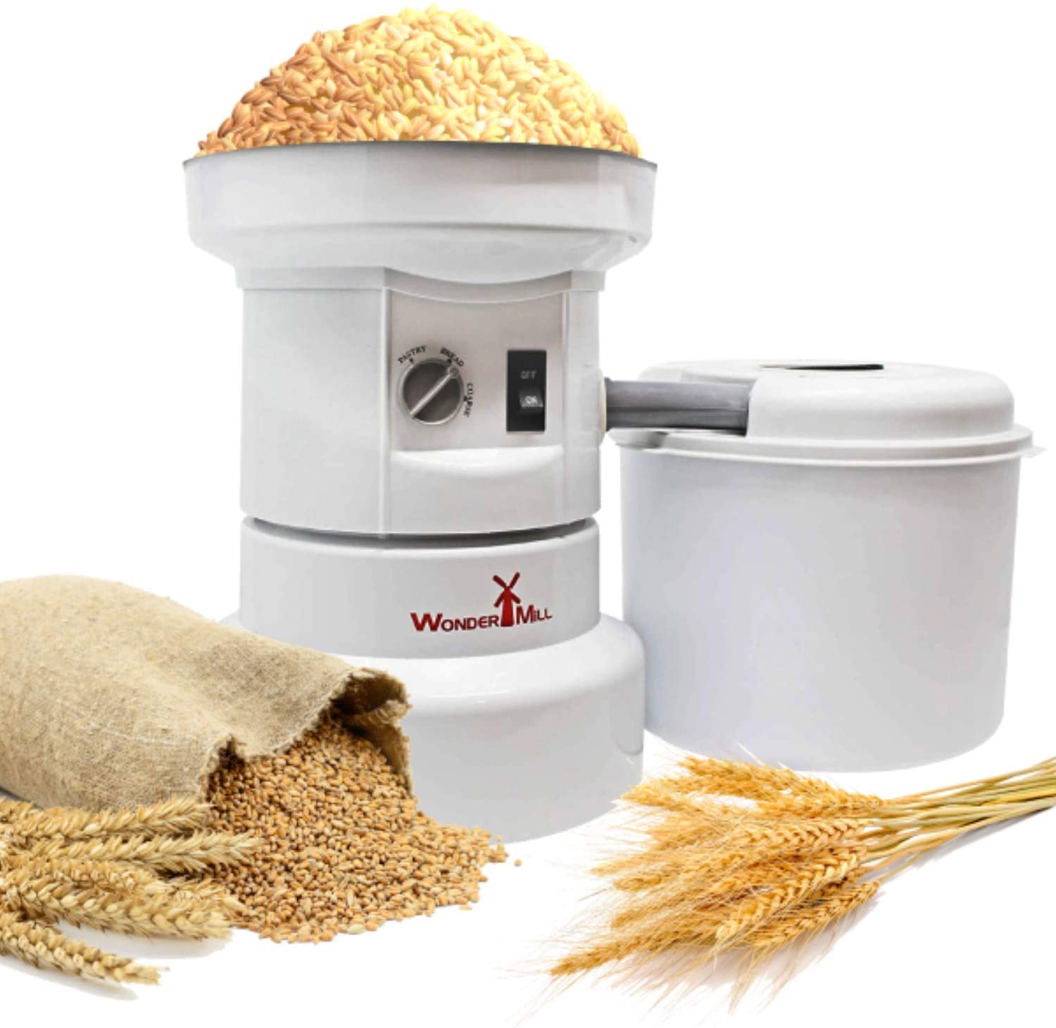 A Wonder Mill Grinder Electric (SHIPS IN 1-2 WEEKS) with a bag of wheat next to it.