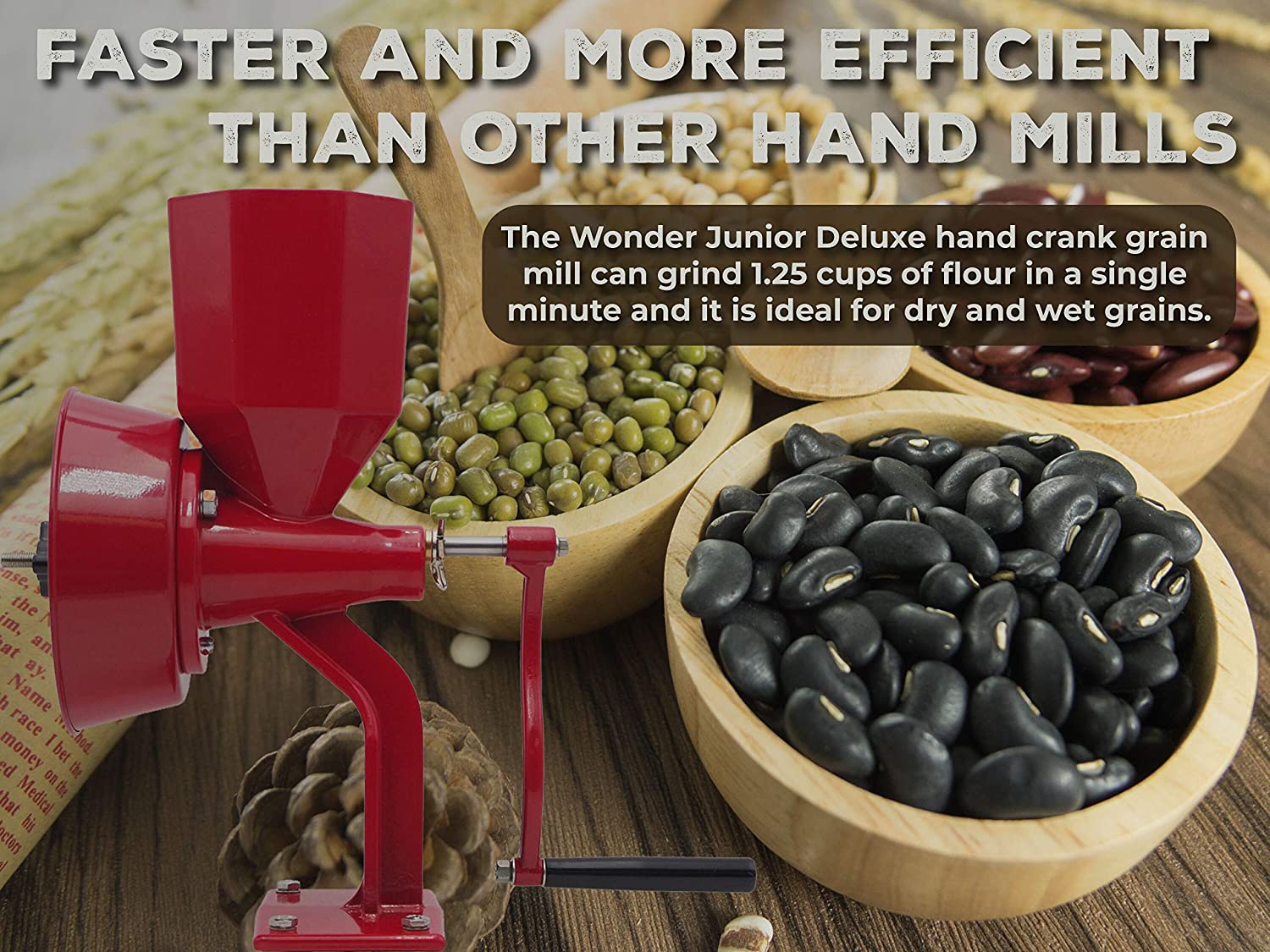 A Wonder Mill Junior Grinder (Deluxe) Manual Red- (SHIPS IN 1-2 WEEKS) hand mill with beans in it.