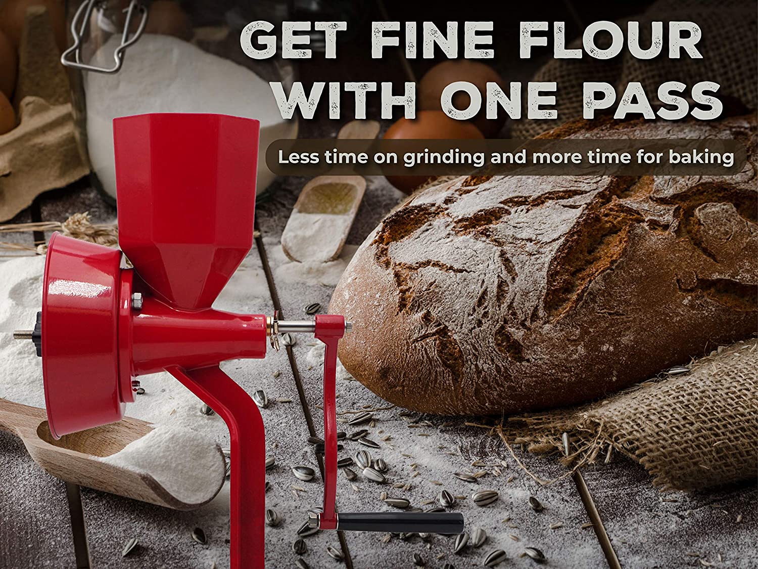 Get fine flour with the Wonder Mill Junior Grinder (Deluxe) Manual Red- (SHIPS IN 1-2 WEEKS) with one pass.
