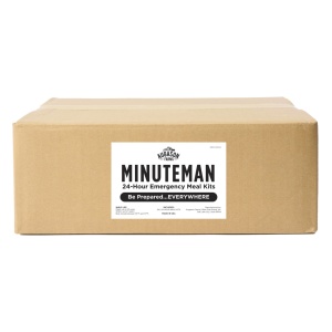 A box with the product, Augason Farms Minuteman 24-Hour Meal Kit - 6 Pack - (SHIPS IN 1-2 WEEKS), on it.