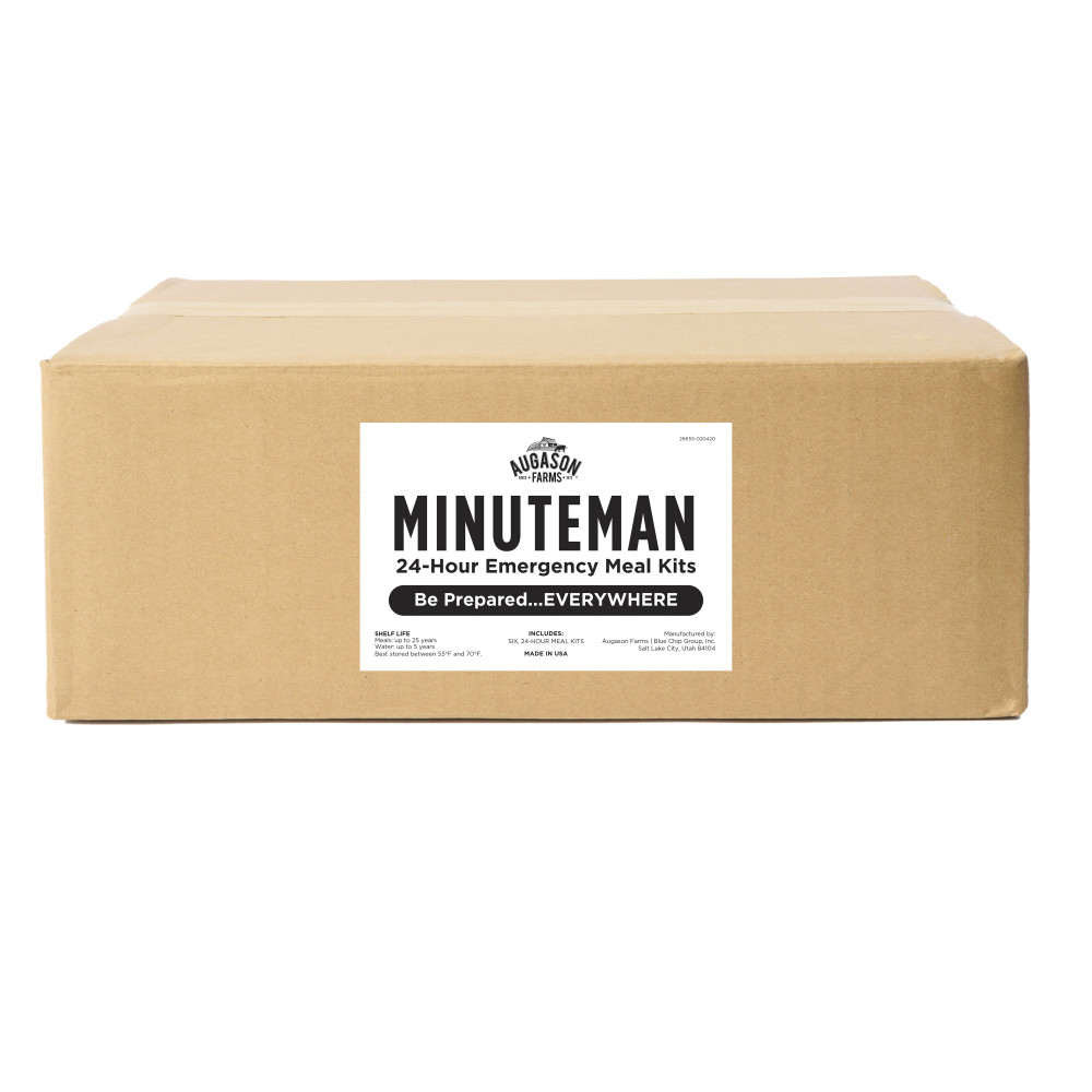 A box with the product, Augason Farms Minuteman 24-Hour Meal Kit - 6 Pack - (SHIPS IN 1-2 WEEKS), on it.