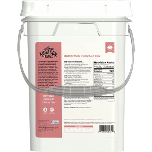 A bucket of Augason Farms Buttermilk Pancake Mix 17lb 4 Gallon Pail - 167 Servings - (SHIPS IN 1-2 WEEKS) with a white background.